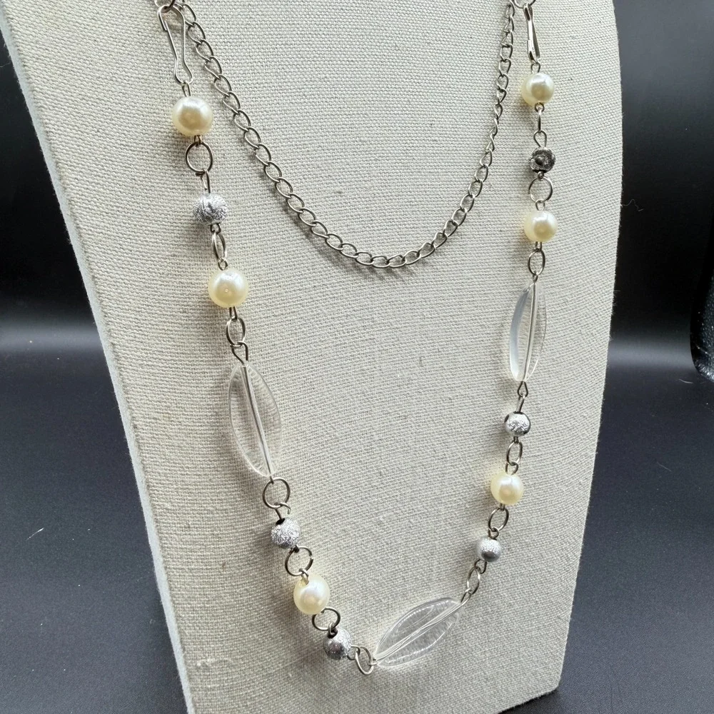 Silver Tone Faux Pearl Clear Bead Long Layering Necklace Y2K Boho Statement